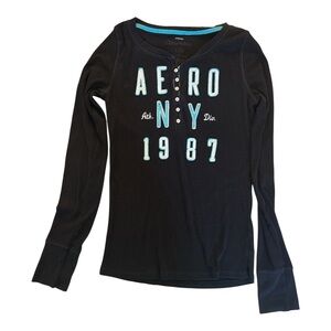 Aero Women's Long Sleeve Ribbed Stretch Top, Navy/Turquoise, Button Detail, L